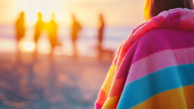 Colorful Beach Towel at Sunset with Blurred Figures