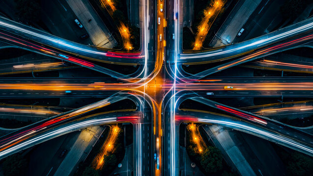 aerial view of a busy metropolitan highway intersection showing a complex network of roads lanes and ramps at night