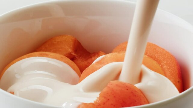 Pouring kefir yogurt into glass with canned sweety peaches cup close-up. Glass with kefir or milk, lactic acid product dairy products concept. Drinking fresh lactose free in morning.
