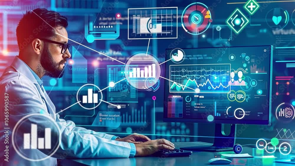Aufkleber in a contemporary medical office, a data analyst examines intricate healthcare analytics displayed o