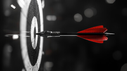red dart hits the bullseye of a dartboard, symbolizing focus, precision, and success, with an empty space for captions or messages, perfect for achievement-related content