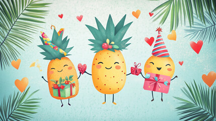 Fototapeta premium Cute Pineapple Friends Celebrate with Gifts and Hearts