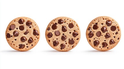 Obraz premium Three chocolate chip cookies arranged symmetrically, close-up, showing detailed texture and warm tones, isolated on a white background for advertisements