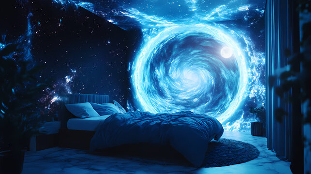 The dreamscape of a parallel universe reveals the mysteries of the universe through a visual stunning interstellar bedroom portal. Dreamscape. Illustration