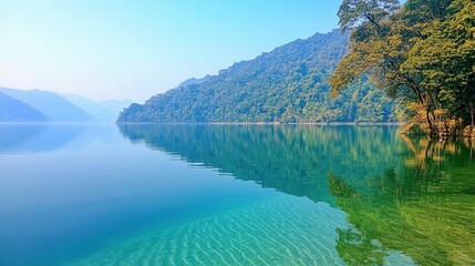 Naklejka premium Serene lake surrounded by lush mountains reflecting in calm waters under a clear blue sky.