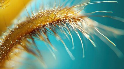 A close-up macro shot of a yellow plant stem with tiny hairs, against a blue background.