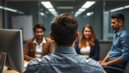 Fototapeta premium Rear view of stressed businessman suddenly realized problem mistake using pc with colleague in office, diverse team looking at frustrated coworker shocked by bad news online or unexpected dismissal 