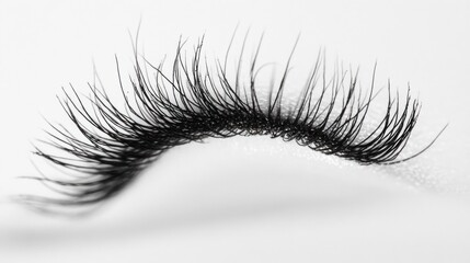 Obraz premium Close-up of a single, long, black false eyelash on a white background.