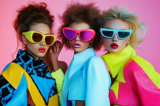 Vibrant 1980s fashion shoot  models showcase neon outfits and leg warmers in retro pop culture style