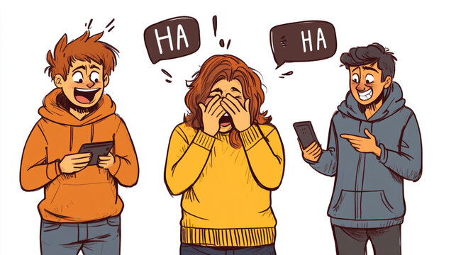 Funny Friends Laughing at Phone Content    Social Media Humor Illustration