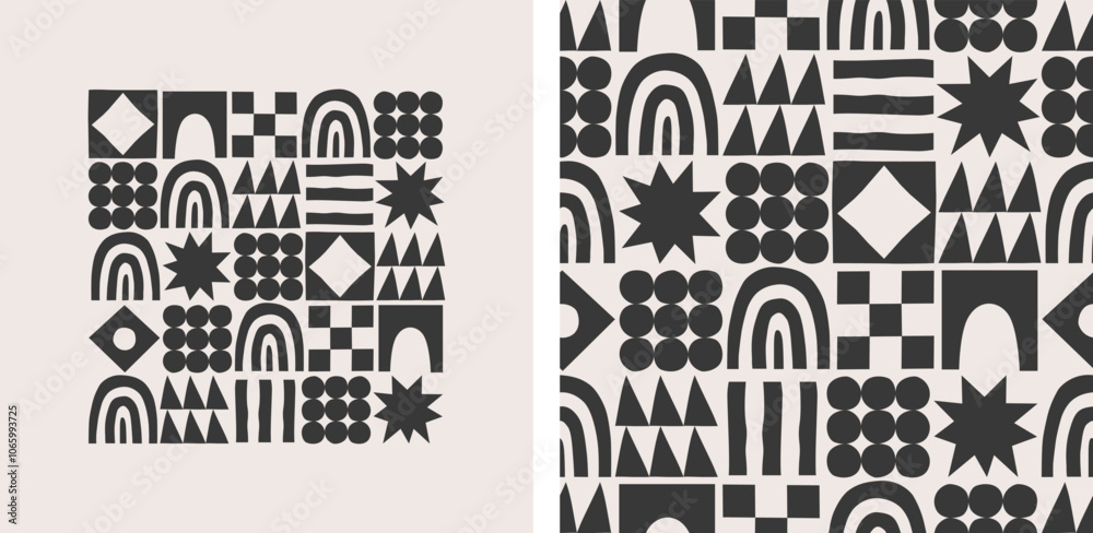 Poster Fun geometric shape seamless pattern set. Abstract retro scandinavian style art background, trendy design with geometry shapes. Simple mosaic wallpaper texture.