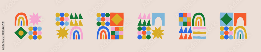 Poster fun colorful geometric shape set. abstract retro children style art element for kids, trendy design 