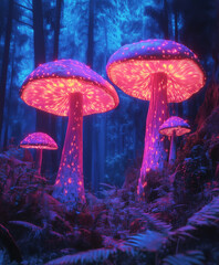 Magic mushrooms in a ethereal forest environment of pink, blue, blacklight neon glow - glowing shrooms On the forest floor - psychedelic fungi, trees, nature.