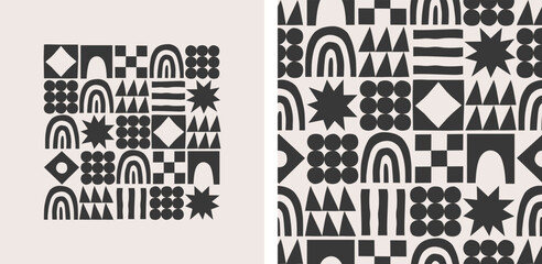 Fun geometric shape seamless pattern set. Abstract retro scandinavian style art background, trendy design with geometry shapes. Simple mosaic wallpaper texture.