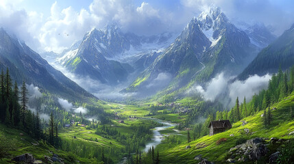Obraz premium A small wooden cabin sits in a lush green valley surrounded by towering snow-capped mountains under a cloudy sky. Concept of serene natural beauty.