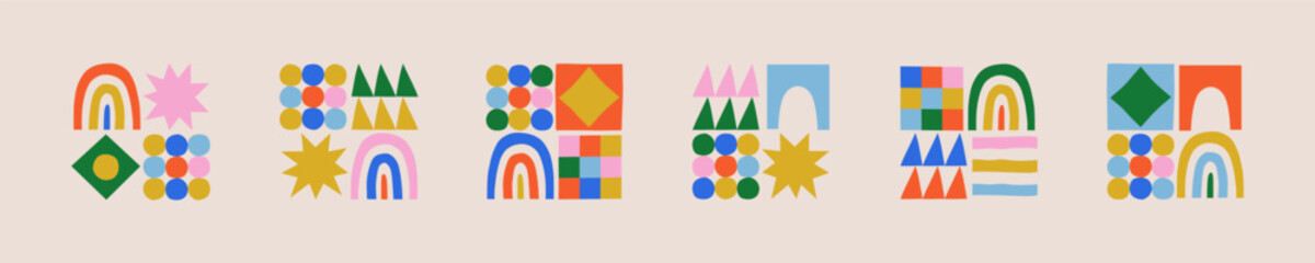 Fun colorful geometric shape set. Abstract retro children style art element for kids, trendy design with geometry mosaic shapes. Simple childish patchwork clip art decoration.