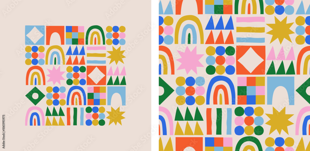 Poster Fun colorful geometric shape seamless pattern set. Abstract retro children style art background for kids, trendy design with geometry mosaic shapes. Simple childish patchwork wallpaper texture print.