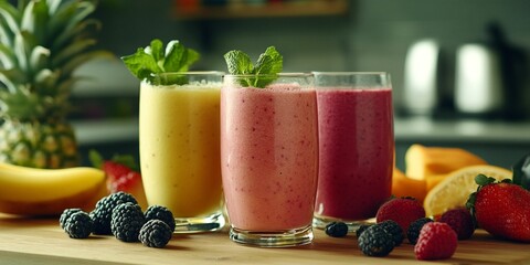 Three smoothies on a table