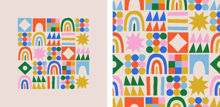 Fototapeta Fun colorful geometric shape seamless pattern set. Abstract retro children style art background for kids, trendy design with geometry mosaic shapes. Simple childish patchwork wallpaper texture print.