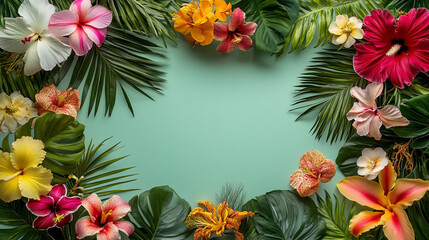 Obraz premium Tropical Floral Frame with Green Leaves and Mint Background