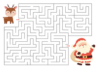 Christmas labyrinth with cute reindeer and Santa Claus. Educational maze puzzle. Activity worksheet with cute characters. © Kristina