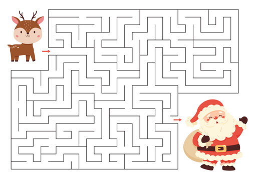 Christmas labyrinth with cute reindeer and Santa Claus. Educational maze puzzle. Activity worksheet with cute characters.