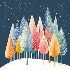 Merry Christmas and Happy New Year poster with colorful trees. Vector
