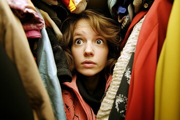 Woman Surprised Among Clothes in Closet