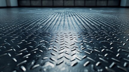 Obraz premium Checker plate floor reflecting industrial lighting, metallic diamond texture covering a wide industrial space, landscape orientation with strong geometric patterns