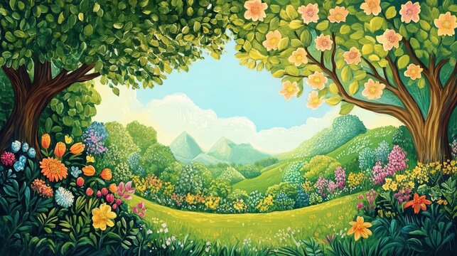 vibrant earth illustration celebrating arbor day, showcasing lush green forests, blooming trees, and a bright blue sky, inviting viewers to appreciate nature's beauty and encourage tree planting