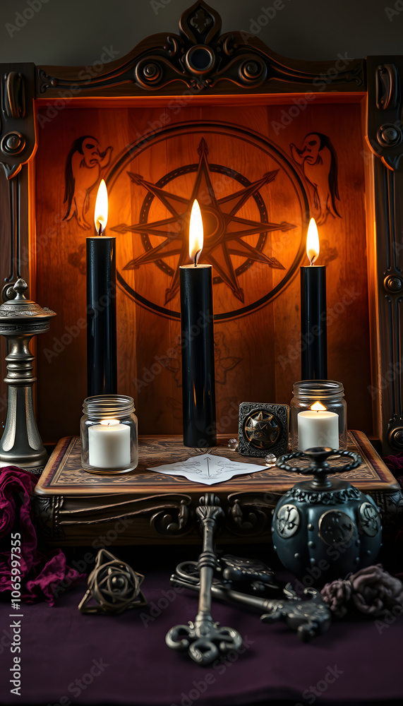 Wall mural talking spiritual board with black candles and old key. wicca, esoteric and occult background with v