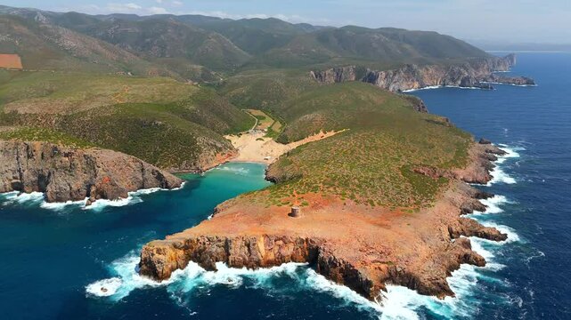 Aerial view on Cala Domestica Beach and landscape around. Sardinia, Italy