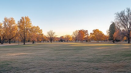 Obraz premium A wide open grassy field with trees in the background during the fall season.