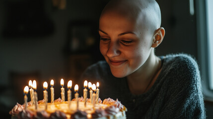 Happy young bald woman making a wish and celebrating birthday with a cake and many lighted candles