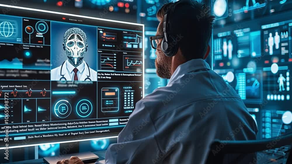 Aufkleber An individual dressed in a lab coat is intently studying analytical data represented on a large screen. The lab features various digital displays showcasing graphs, diagrams, and complex data visuals.