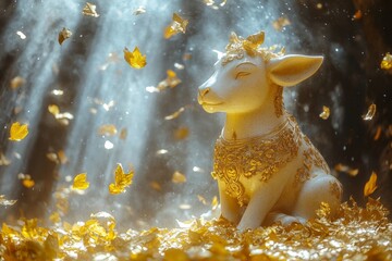 Golden calf idol enveloped by cascading gold leaves in a divine worship setting with luminous light