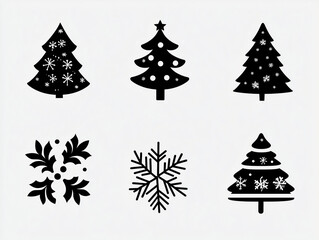 Obraz premium Christmas tree clipart, simple ink drawing SVG cut file, vector illustration of six Christmas trees in different shapes, each with its own design and style, black lines on a white background, 