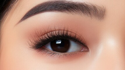 Obraz premium Close-up of a woman's eye with long eyelashes and natural makeup.