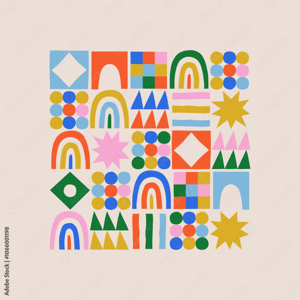 Poster fun colorful geometric shape set. abstract retro children style art element for kids, trendy design 