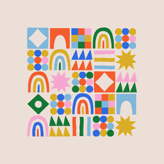 Fun colorful geometric shape set. Abstract retro children style art element for kids, trendy design with geometry mosaic shapes. Simple childish patchwork clip art decoration.