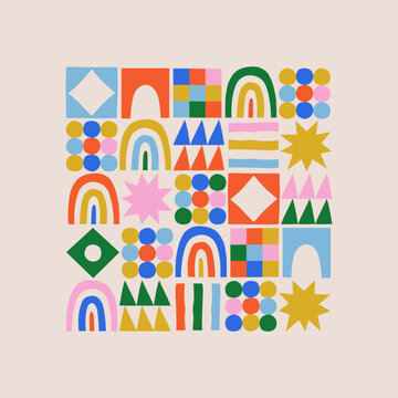 Fototapeta Fun colorful geometric shape set. Abstract retro children style art element for kids, trendy design with geometry mosaic shapes. Simple childish patchwork clip art decoration.