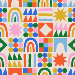 Obraz premium Fun colorful geometric shape seamless pattern. Abstract retro children style art background for kids, trendy design with geometry mosaic shapes. Simple childish patchwork wallpaper texture.