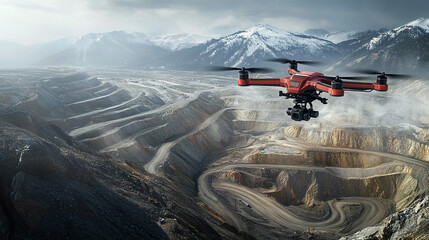 Drone Aerial Inspection of Open Pit Mine with Snow Capped Mountains