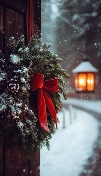 Rustic holiday wreath decorated with a red bow and snow-dusted pine cones, glowing warmly on a wooden door against a snowy winter backdrop.