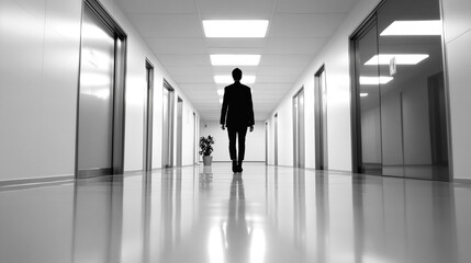 Businessman Walking Down Empty Corridor in Modern Office Building
