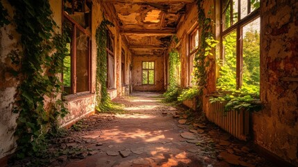 Sunbeams illuminate a long, overgrown hallway in an abandoned building.