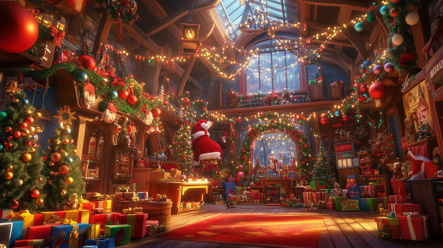 Santa&rsquo;s workshop scene, elves working with toys, colorful decorations, cozy holiday vibe