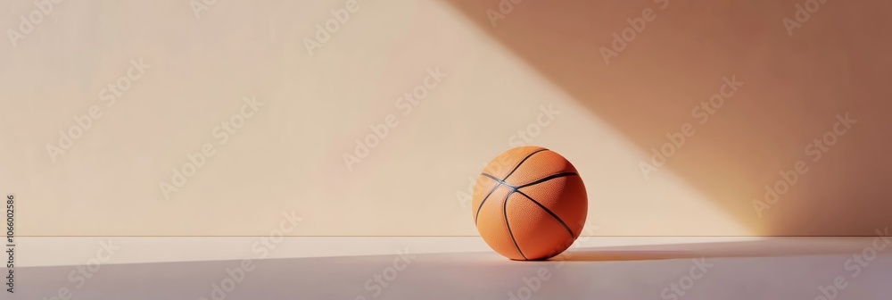 Poster orange basketball sits on a white surface, illuminated by a diagonal beam of light against a beige b
