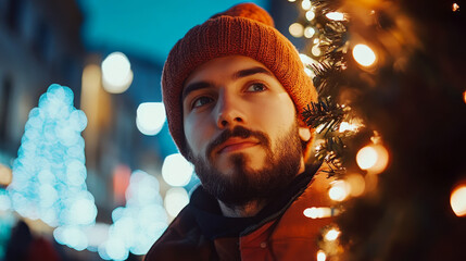 Man in a red knit hat looks at a decorated tree with bright lights, set against a festive evening backdrop. Concept: Holiday warmth and contemplation.