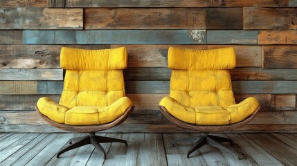 Two yellow armchairs with wooden legs in front of a rustic wooden wall.